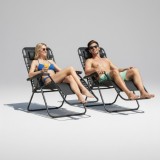 Set 2 Șezlonguri Pliabile și Reglabile cu Suport Băuturi, Cadru Oțel, Textil Exterior, Negru &ndash; 120 kg/buc