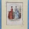 GRAVURA COLORATA MANUAL - DOUA DOAMNE IN ROCHII PE BALCON , RECLAMA JURNALULUI &#039; LA MODE ILLUSTREE , PARIS , 1884