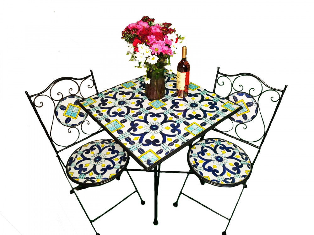 Set 2 scaune si masa din mozaic cu cadru de fier, ceramica,  interior/exterior | Okazii.ro