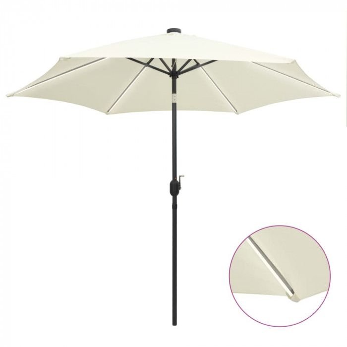 vidaXL Umbrelă de soare cu LED-uri, st&acirc;lp aluminiu alb nisipiu, 300 cm