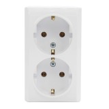 Priza dubla Ospel Bis GN-2BS, aparenta, rama inclusa, contact de protectie, alba