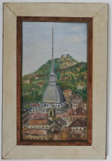 Tablou anii 70 Peisaj citadin, pictura in ulei, inramat 31x47cm foto