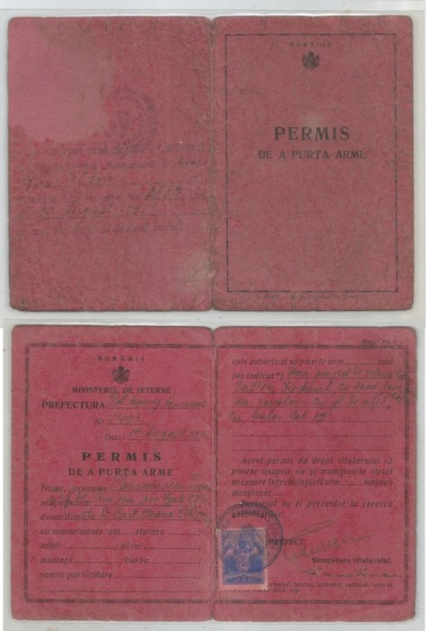 Romania, Permis de a purta arme, Bucuresti, 1934