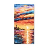 Tablou peisaj marin pictat manual, Apus de soare, 80x40cm ulei pe panza in cutit efect 3D