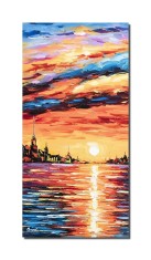 Tablou peisaj marin pictat manual, Apus de soare, 80x40cm ulei pe panza in cutit efect 3D