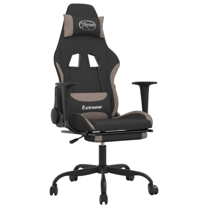 Scaun de gaming cu taburet, negru si gri taupe, textil