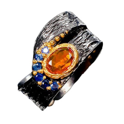 Inel bijuterie din argint 925 cu orange opal si safir foto