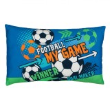 Perna Decorativa Copii Fotbal Albastra 50x30 Poliester, Fete Duble cu Inscriptii Motivationale, Design Atractiv