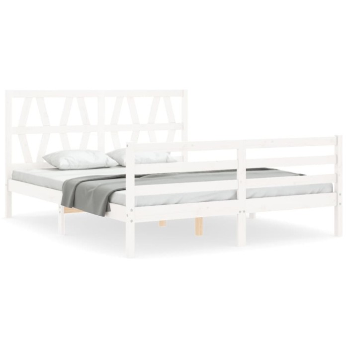 Cadru de pat cu tablie, alb, king size, lemn masiv