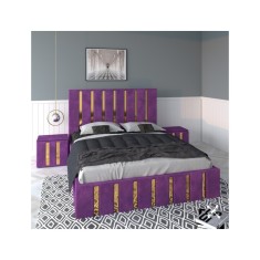 Pat Tapitat Mexic Mov + Saltea 20cm Grosime + Noptiere Tapitate 140x200cm