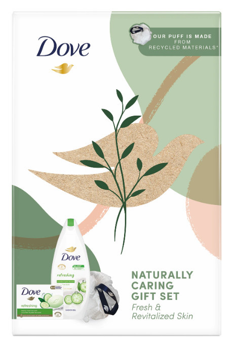 Set Dove Naturally Refreshing: Puf de baie + Sapun Crema Go Fresh Touch, 90 g + Gel de duș, 250 ml