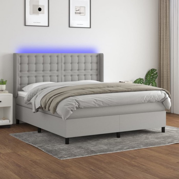 vidaXL Pat cu arcuri, saltea și LED, gri deschis, 160x200 cm, textil 3138645
