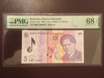 Romania 5 lei 2008 pick 118d grad 68 pmg foto