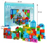Joc de Constructie din Lemn, Cuburi Colorate cu Tematica Orasel, Set 100 Piese Educationale
