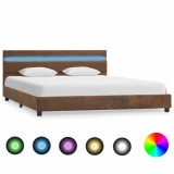 Cadru de pat cu LED, maro, 140 x 200 cm, material textil, Cires, Dublu, Cu polite semirotunde, vidaXL