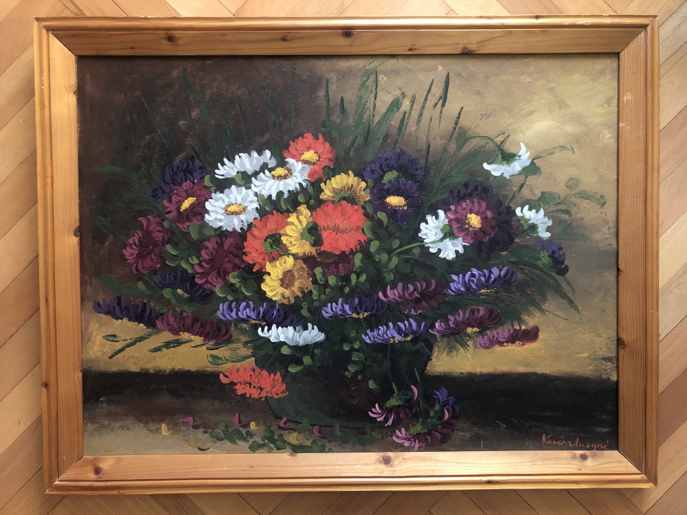 Tablou,pictura in ulei pe panza,vaza cu crizanteme,semnat, Flori, Altul |  Okazii.ro