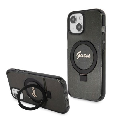 Husa pentru iPhone 15 / iPhone 14 / iPhone 13 - Guess Ring Stand Script Glitter MagSafe (GUHMP15SHRSGSK) - Black foto
