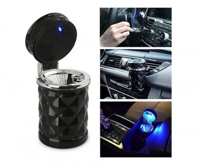 Scrumiera Auto Rotunda, Iluminare LED, Prindere 2in1: Grila, Ventilatie sau Suport Pahar, Negru foto