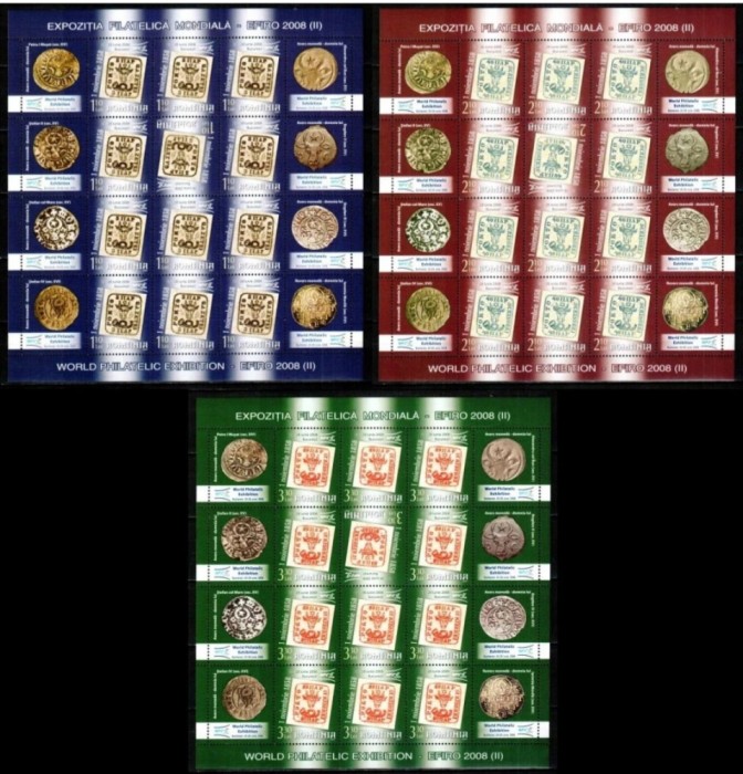 ROMANIA 2007-Lp 1777c-EFIRO 2008 (II)-Trei coli cu cate 12 timbre nestampilate