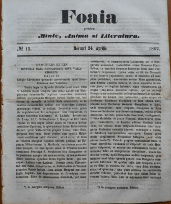 Ziarul Foaia pentru minte , inima si literatura , nr. 15 , 1862 , Samuel Klein foto