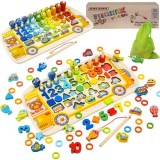Puzzle sortator din lemn 6 &icirc;n 1 educativ cu cifre si pescuit magnetic
