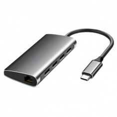 Hub USB Type-C Card Reader cu port HDMI, RJ24 si 3 porturi USB 3.0, space gray foto