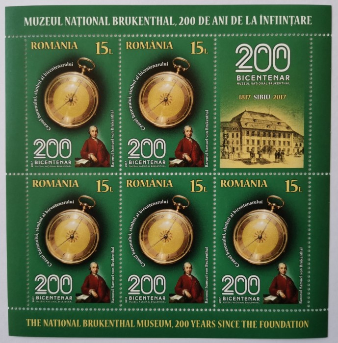 ROMANIA 2017 Brukenthal 200 ani - Minicoli de 5 timbre + vigneta MNH - LP 2135 b