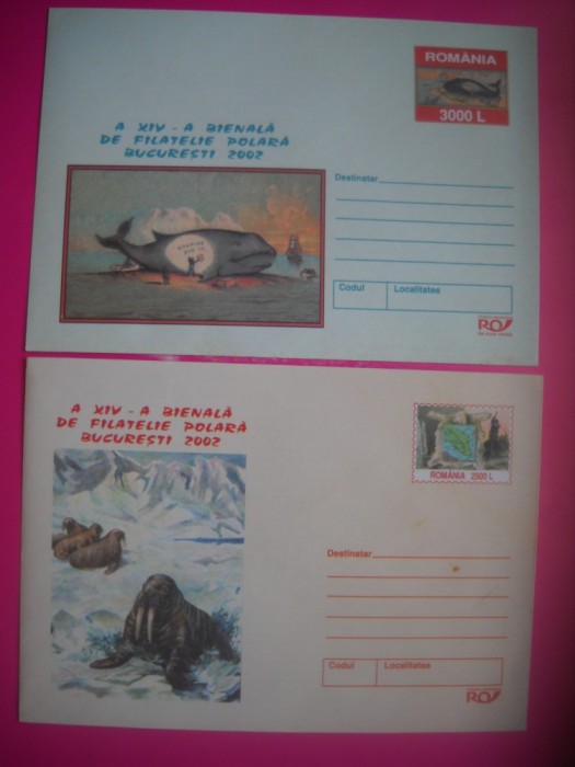 HOPCT PLIC LOT NR 50 -SET 2 PLICURI -BIENALA FILATELIE POLARA BUCURESTI 2002 -FAUNA--ROMANIA