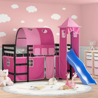 vidaXL Pat etajat de copii cu turn, roz, 90x190 cm, lemn masiv pin foto