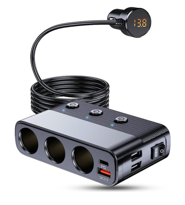 Adaptor Priza Auto 7 in 1 cu Display LED, 3 x USB Q.C 3.0 si port USB-C 127W cu Voltmetru Incorporat, AutoREY&reg;, cu 3 prize pentru bricheta masinii