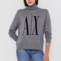 Armani Exchange Pulover de lână femei, culoarea gri, light, cu guler