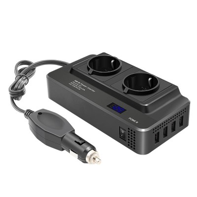 Invertor de putere cu unda sinusoidala Techstar&amp;reg;, 200W, DC12V la AC220V, Afisaj LCD, 2 prize AC EU, 4 Porturi USB cu Incarcare rapida, Negru foto