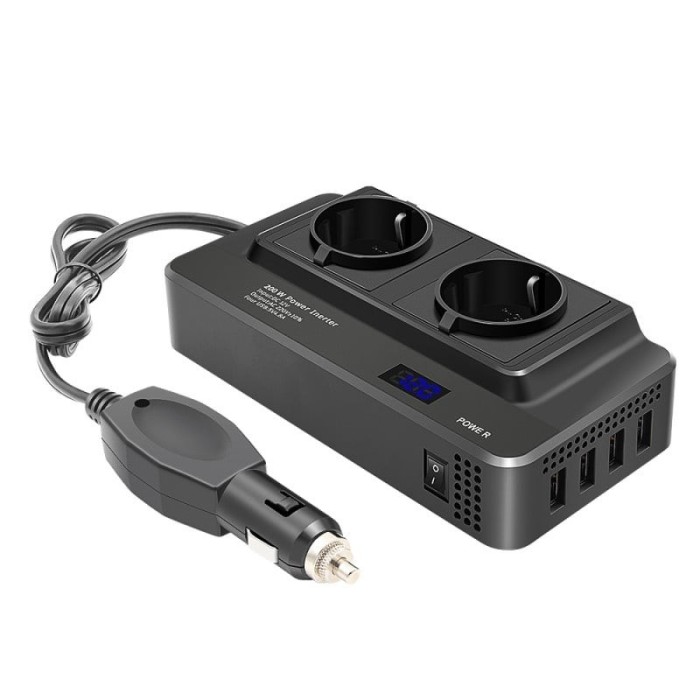 Invertor de putere cu unda sinusoidala Techstar&reg;, 200W, DC12V la AC220V, Afisaj LCD, 2 prize AC EU, 4 Porturi USB cu Incarcare rapida, Negru