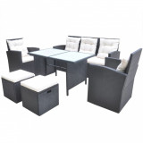 Set mobilier de exterior cu perne, 6 piese, negru, poliratan, vidaXL