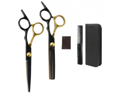 Set 2 foarfece de tuns, din inox, pieptan, negru auriu, 21.5 x 8.5 x 3 cm, carcasa inclusa foto