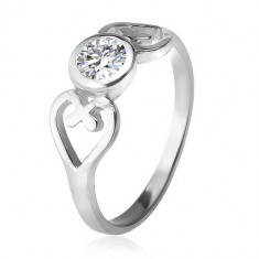 Inel argint veritabil, contur de inimă, zirconiu rotund, transparent, în montură decorativă - Marime inel: 59