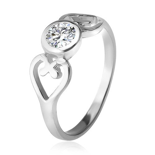 Inel argint veritabil, contur de inimă, zirconiu rotund, transparent, &icirc;n montură decorativă - Marime inel: 51