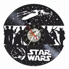Ceas de perete decorativ Star Wars, realizat din disc de vinil upcycled, model Personaje si Nava X-Wing, negru, 30 cm