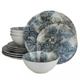 Set farfurii 12 piese, 4 persoane, Blue Tiles, Alb Ivoire/Albastru