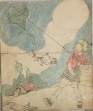 Ilustrație 2 originală ptr carte copii, interbelică sau anii 50, romaneasca, nesemnată, tehnica mixtă, 25 x 20 cm, urme de uzura, starea din foto