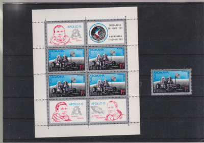 ROMANIA 1971 APOLLO 15 - Serie 1timbru + Colita Dantelata LP.772 ; 772a MNH** foto