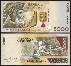 ALBANIA █ bancnota █ 5000 Leke █ 2007 █ P-75a █ UNC █ necirculata