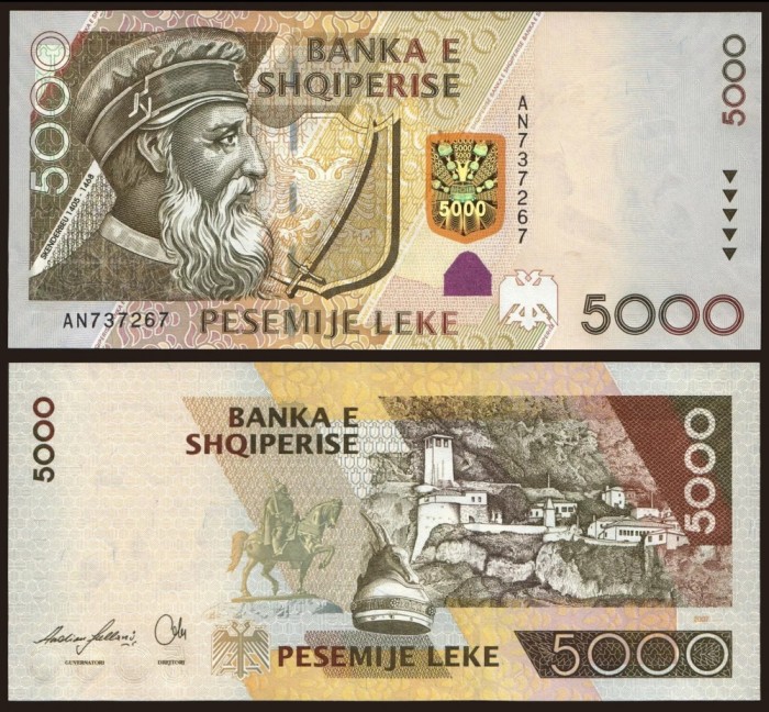 ALBANIA █ bancnota █ 5000 Leke █ 2007 █ P-75a █ UNC █ necirculata