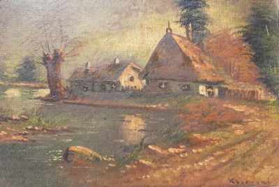 G. Kuşovski (Kuşovszky)-Case pe marginea r&amp;acirc;ului - pictură &amp;icirc;n ulei foto
