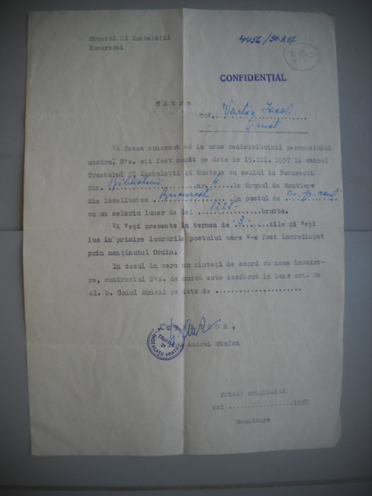 HOPCT DOCUMENT VECHI 380 TRUSTUL INSTALATII MIXTE M C BUCURESTI 1957