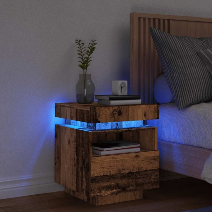 Noptieră cu lumini LED, lemn vechi, 40x39x48,5 cm