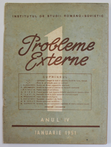 PROBLEME EXTERNE , REVISTA , NR. 1 , ANUL IV , IANUARIE , 1951