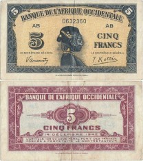 1942 ( 14 XII ) , 5 francs ( P-28b ) - Africa de Vest Franceza foto