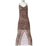 Rochie lunga cu bretele subtiri si imprimeu leopard