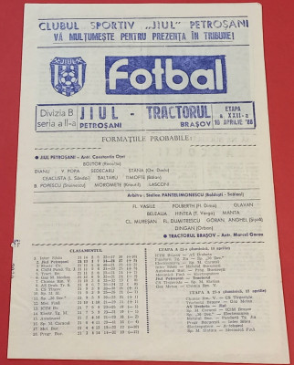 Program meci fotbal JIUL PETROSANI - &amp;quot;TRACTORUL&amp;quot; BRASOV (10.04.1988) foto